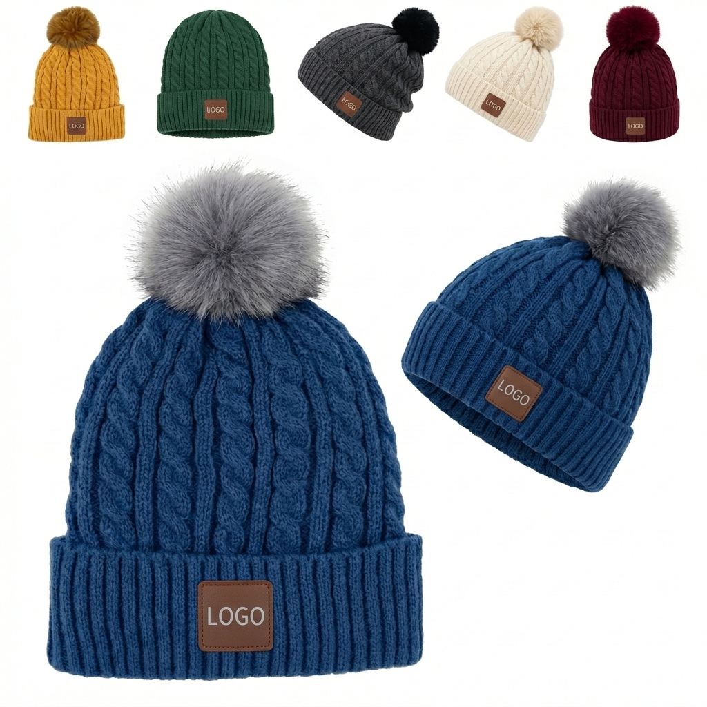 Winter Cable Knit Beanie with Faux Fur Pom and Fleece Lining