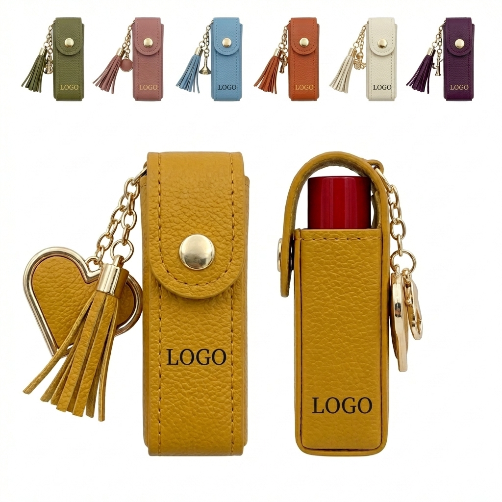Portable PU Leather Keychain Lipstick Case with Mirror for On-the-Go Touch-Ups