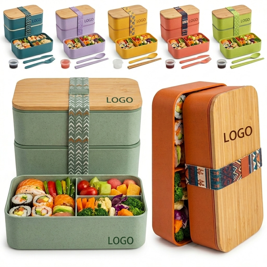 Stackable 2-Tier Wheat Straw Bento Box with Bamboo Lid & Utensil Set