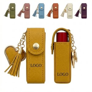 Portable PU Leather Keychain Lipstick Case with Mirror for On-the-Go Touch-Ups