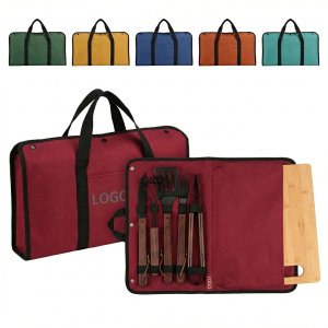 5-Piece Bamboo BBQ Tool Set with Wooden Cutting Board